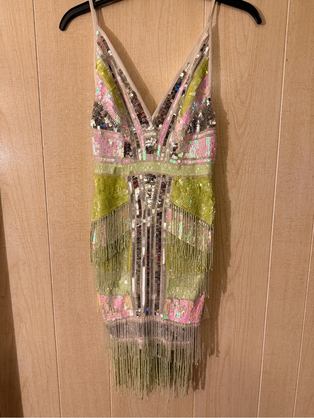 ASOS Sequin & Fringe V-Neck Mini Dress in Lime Green and Pink